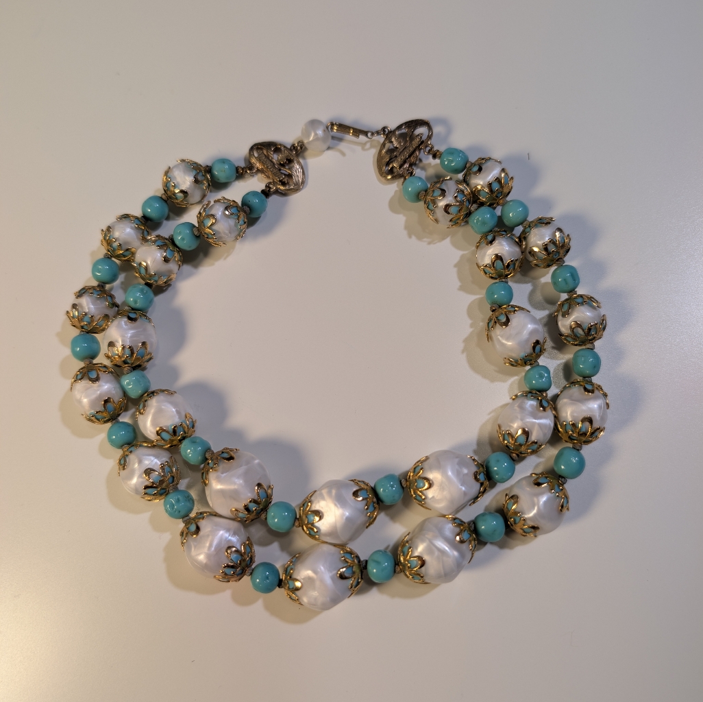 Vintage Deauville Double Strand Necklace Faux Turquoise Pearl Mid-Century + 1...